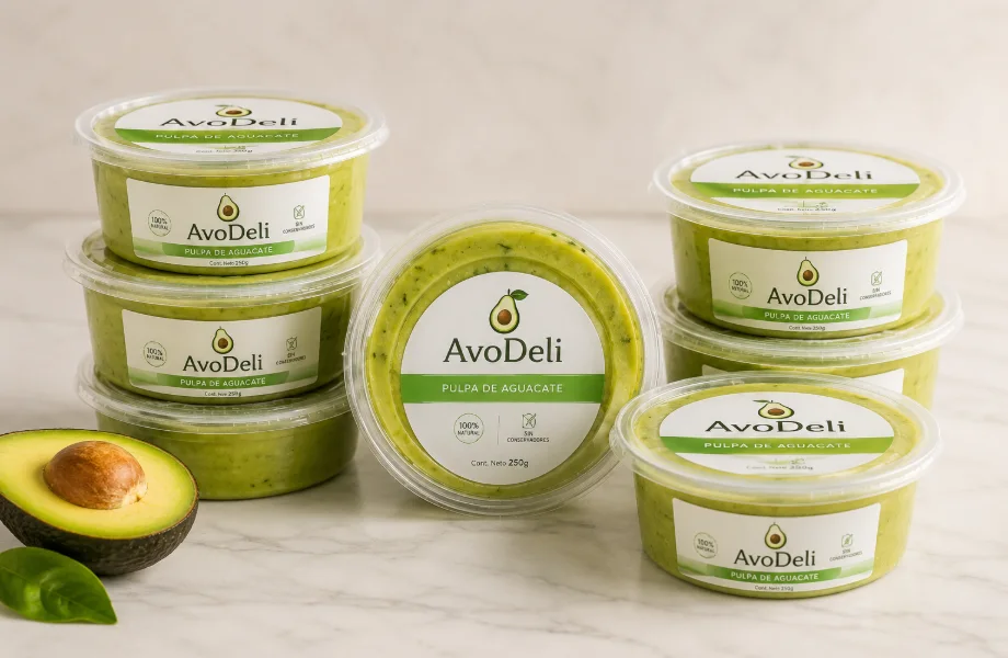 Charolas de pulpa de aguacate con etiqueta de marca propia producidas en planta Mexfrut