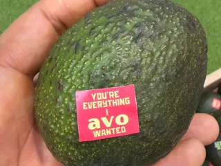 Aguacate Hass con etiqueta promocional “You’re everything I avo wanted” en IFPA 2025