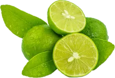 Limón mexicano de exportación con hojas, entero y en mitades
